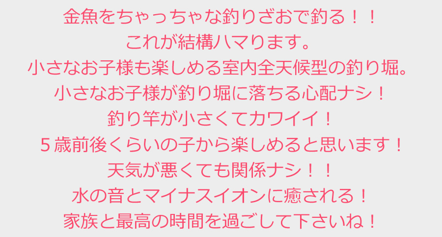 金魚をちゃっちゃな釣りざおで釣る！！
これが結構ハマります。
小さなお子様も楽しめる室内全天候型の釣り堀。
小さなお子様が釣り堀に落ちる心配ナシ！
釣り竿が小さくてカワイイ！
５歳前後くらいの子から楽しめると思います！
天気が悪くても関係ナシ！！
水の音とマイナスイオンに癒される！
家族と最高の時間を過ごして下さいね！